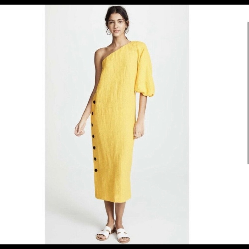 Mara Hoffman Yellow One Shoulder Dress Emilie Linen Blend Puff Sleeve Buttons 6